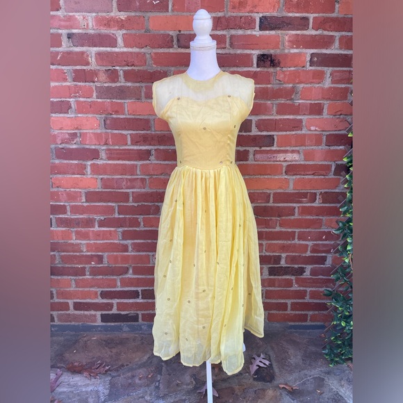 Vintage Dresses & Skirts - Vintage 50s Party Dress Dance Prom Yellow Satin Chiffon Fit Flare Size XS s
